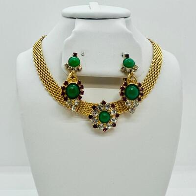 Lot 105: Vintage Faux Jade& Clear/ Pink Rhinestone Crystal Choker, Brooch and Clip-on Earrings Set