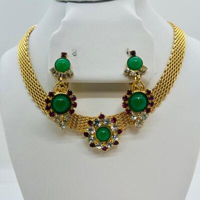 Lot 105: Vintage Faux Jade& Clear/ Pink Rhinestone Crystal Choker, Brooch and Clip-on Earrings Set
