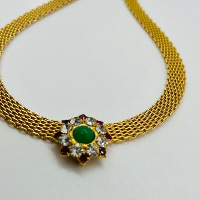 Lot 105: Vintage Faux Jade& Clear/ Pink Rhinestone Crystal Choker, Brooch and Clip-on Earrings Set