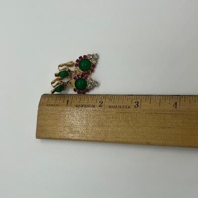 Lot 105: Vintage Faux Jade& Clear/ Pink Rhinestone Crystal Choker, Brooch and Clip-on Earrings Set