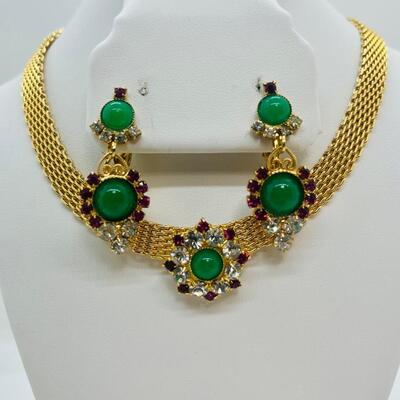 Lot 105: Vintage Faux Jade& Clear/ Pink Rhinestone Crystal Choker, Brooch and Clip-on Earrings Set
