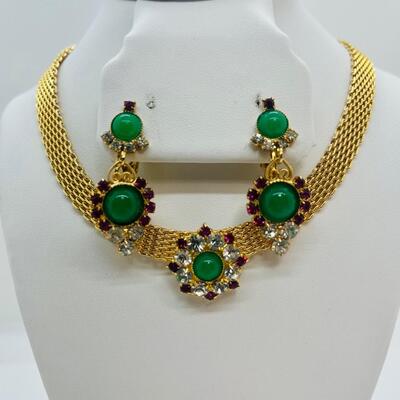 Lot 105: Vintage Faux Jade& Clear/ Pink Rhinestone Crystal Choker, Brooch and Clip-on Earrings Set