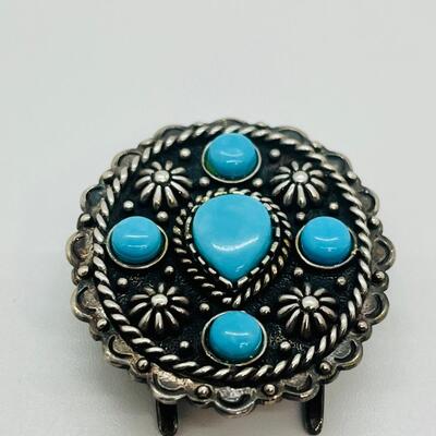 Lot 107: Clip lot:  Two Scarf Clips & Southwestern Sterling & Turquoise Collar/Bolo/Sash clip