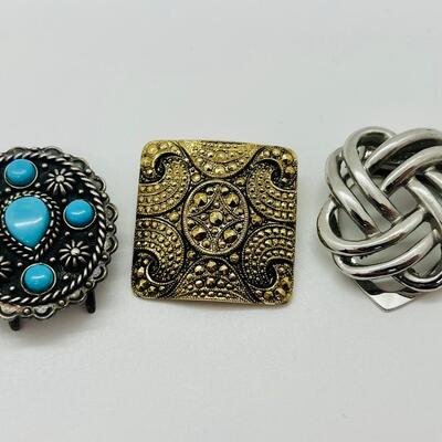 Lot 107: Clip lot:  Two Scarf Clips & Southwestern Sterling & Turquoise Collar/Bolo/Sash clip