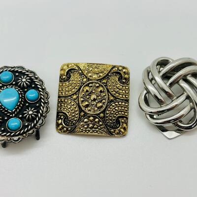 Lot 107: Clip lot:  Two Scarf Clips & Southwestern Sterling & Turquoise Collar/Bolo/Sash clip
