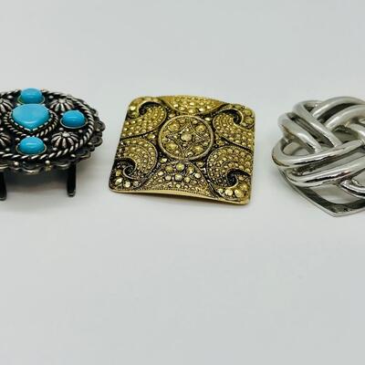 Lot 107: Clip lot:  Two Scarf Clips & Southwestern Sterling & Turquoise Collar/Bolo/Sash clip