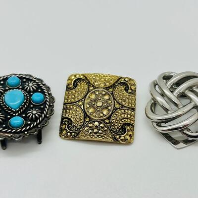 Lot 107: Clip lot:  Two Scarf Clips & Southwestern Sterling & Turquoise Collar/Bolo/Sash clip