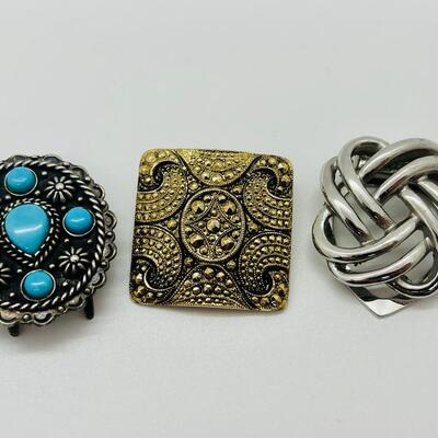Lot 107: Clip lot:  Two Scarf Clips & Southwestern Sterling & Turquoise Collar/Bolo/Sash clip