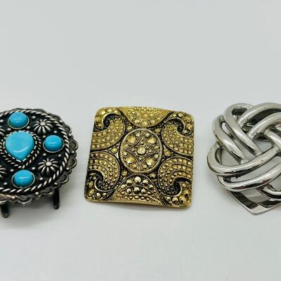 Lot 107: Clip lot:  Two Scarf Clips & Southwestern Sterling & Turquoise Collar/Bolo/Sash clip
