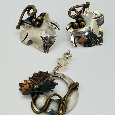 Lot 109: Gardella Sterling Tri Color Silver, Copper Brass Earrings & Pendant Set