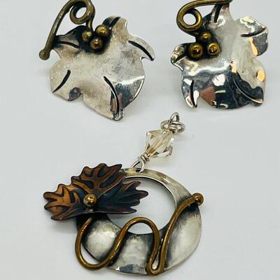 Lot 109: Gardella Sterling Tri Color Silver, Copper Brass Earrings & Pendant Set