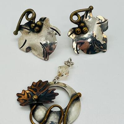 Lot 109: Gardella Sterling Tri Color Silver, Copper Brass Earrings & Pendant Set