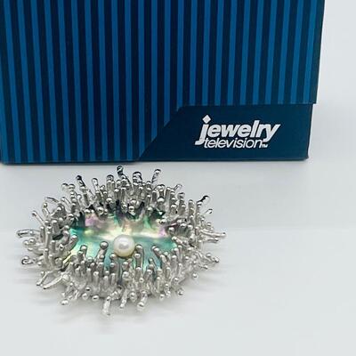 Lot 110: Silver Brooch Textured Frames, Abalone Backdrop, Center-Set Cultured Pearl, Marked 800
