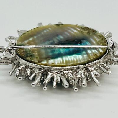 Lot 110: Silver Brooch Textured Frames, Abalone Backdrop, Center-Set Cultured Pearl, Marked 800