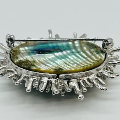 Lot 110: Silver Brooch Textured Frames, Abalone Backdrop, Center-Set Cultured Pearl, Marked 800