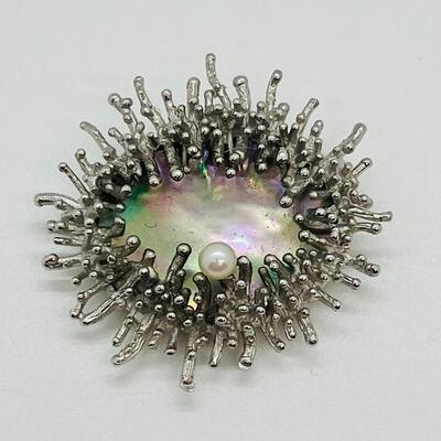Lot 110: Silver Brooch Textured Frames, Abalone Backdrop, Center-Set Cultured Pearl, Marked 800