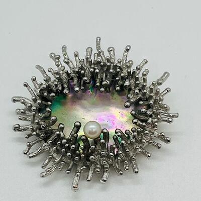 Lot 110: Silver Brooch Textured Frames, Abalone Backdrop, Center-Set Cultured Pearl, Marked 800