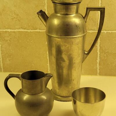 Lot 13: Vintage Pewter Coffee Pot, Creamer and Cup