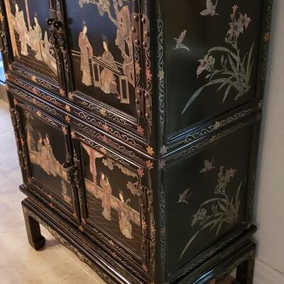 Chinese Cabinet with Inlaid Hardstones and Hand Painted Decors
