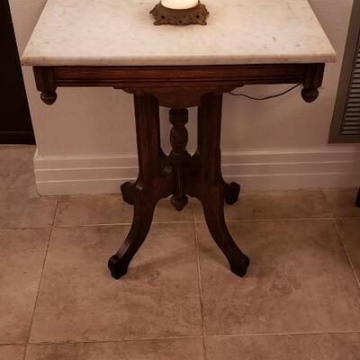Marble Top Table with Lamp and Round Mirror