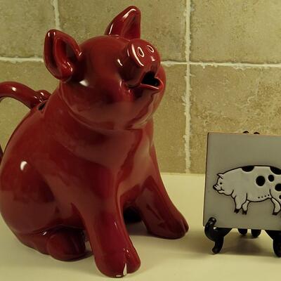 Lot 32: Red Pig Pitcher and Family Tiles Pig Tile