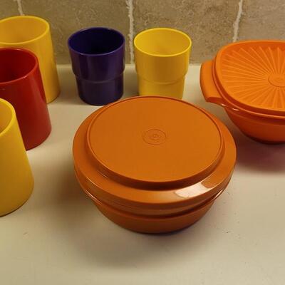 Lot 37: (2) Vintage Orange Tupperware Bowls with Lids & (3) Plastic Coffee Mugs & (2) Plastic Cups