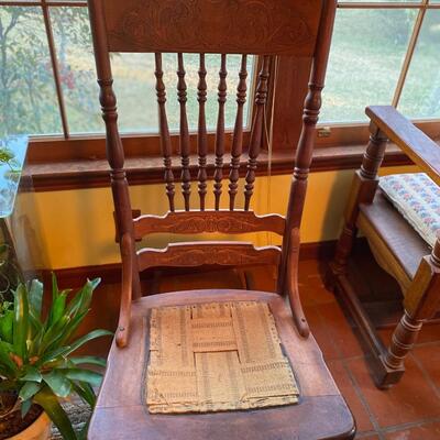 Antique spindle-back rocking chair with web seat