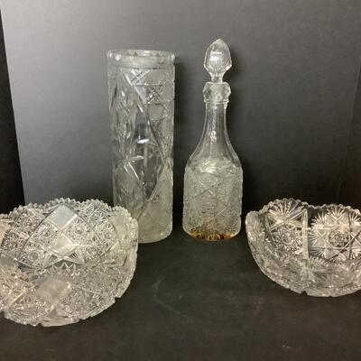 C682 Antique 4pc Cut and Pressed Lead Crystal Bowls, Vase, Decanter