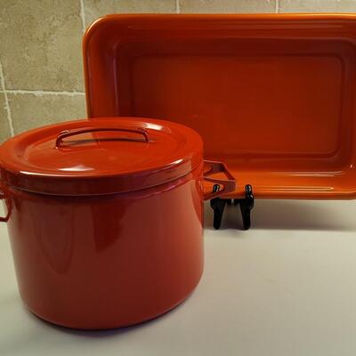 Lot 91: Vintage Orange Enamel Casserole Pan & Red Enamel Pot with Lid