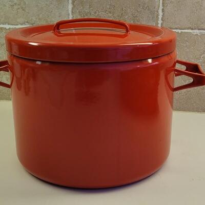 Lot 91: Vintage Orange Enamel Casserole Pan & Red Enamel Pot with Lid