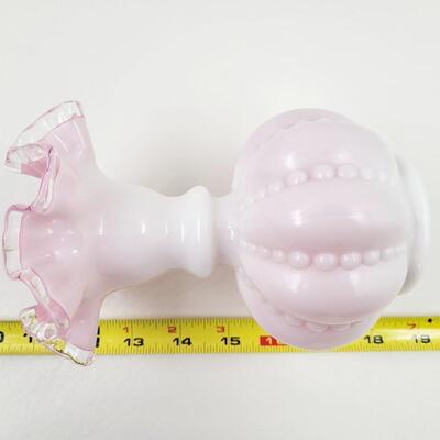 WHITE & PINK CRESTED/ RUFFLED GLASS VASE