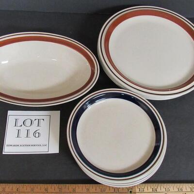 Lot of Stoneware Dishes, Contemporary, Tan, 1 Blue