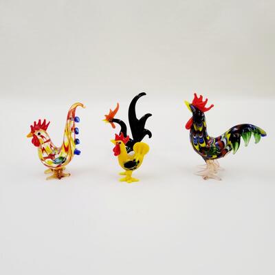 4 PC HAND BLOWN ROOSTER - CHICKEN COLLECTABLES