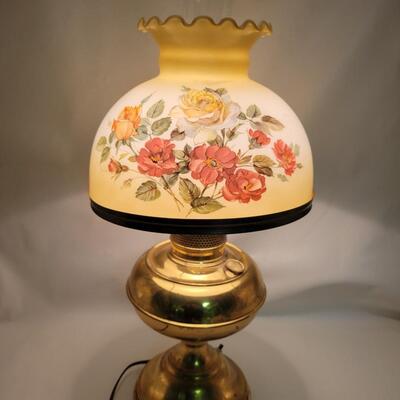 RAYO OIL LAMP CONVERTED TO ELECTRIC WITH BEAUTIFUL PAINTED GLASS SHADE