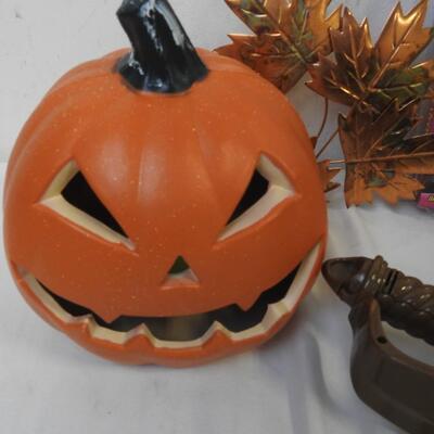 18 pc Halloween Lot:  Wigs, Masks, Sword, Hook, Pumpkins, Brass Leaves, Feathers