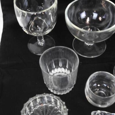 13 pc Misc Glass Items: Goblets, Glasses, Trinket Holders