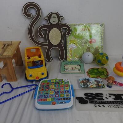 11 pc Baby/Toddler Toys, Hanging Monkey,Wood Bench & Non-Dated Keepsake Calender