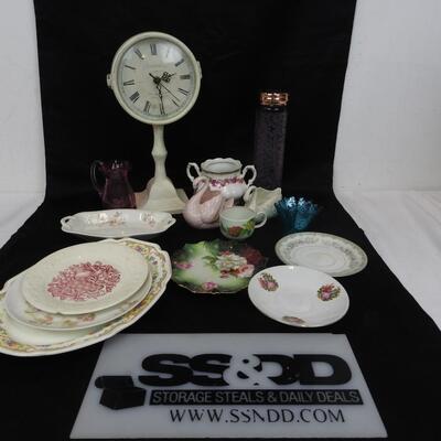 14 pc Home & Kitchen: Serving Tray & Saucers(Vintage?), 2 Face Clock