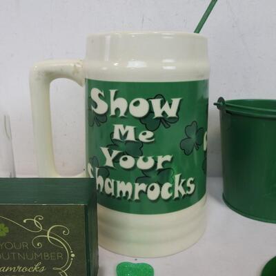 St. Patrick's Day Memorabilia: Mug, Small Bucket, Headband, Jar, etc