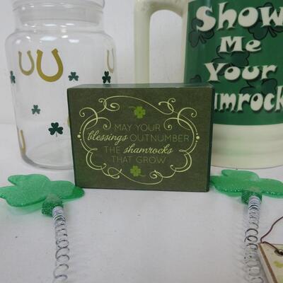 St. Patrick's Day Memorabilia: Mug, Small Bucket, Headband, Jar, etc