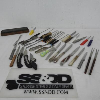 39 pc Knives, Peelers, Fondue Forks, Whetstone, Pocketknives
