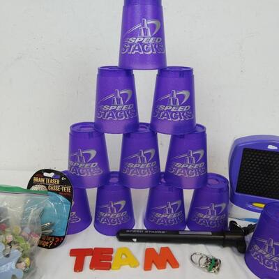 10+ Toy Lot: Lite Brite, Vinyl Stickers, 2 Puzzles, Stacking Cups, etc