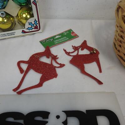 Ornament Lot: Holly Ornaments, Assorted Glass Ornament, Two Reindeers