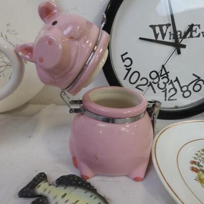 19 pc Kitchen: Jumbled Clock, Ceramic Pig Jar, Dolphin Fine China, Match Books