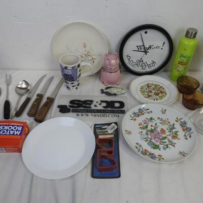 19 pc Kitchen: Jumbled Clock, Ceramic Pig Jar, Dolphin Fine China, Match Books