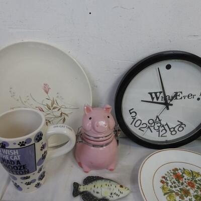19 pc Kitchen: Jumbled Clock, Ceramic Pig Jar, Dolphin Fine China, Match Books