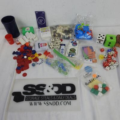 Lot of Assorted Games and Pieces, Assorted Dice, Dominoes, Jacks