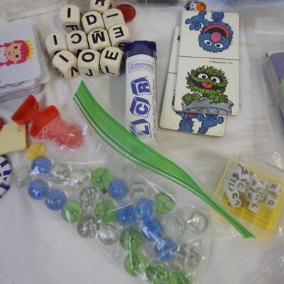Lot of Assorted Games and Pieces, Assorted Dice, Dominoes, Jacks