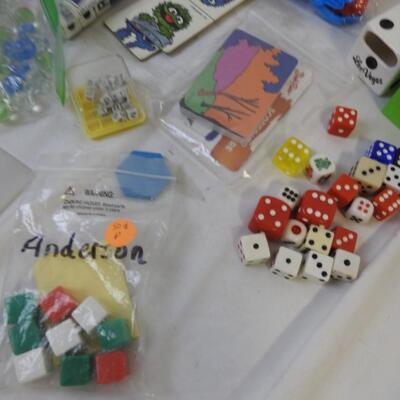 Lot of Assorted Games and Pieces, Assorted Dice, Dominoes, Jacks