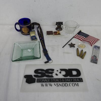 American Trinkets: Mini Liberty Bell, Air Force Mug, Flag, Pins, Used Gun Shells